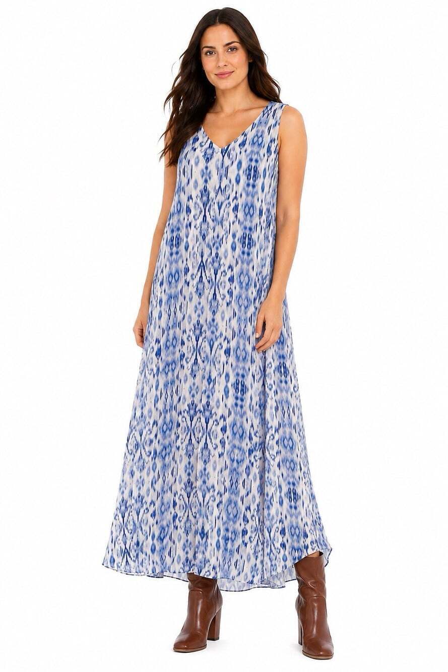 JM Collection Women’s XL Blue Whie IKat Print Sleeveless Maxi Dress